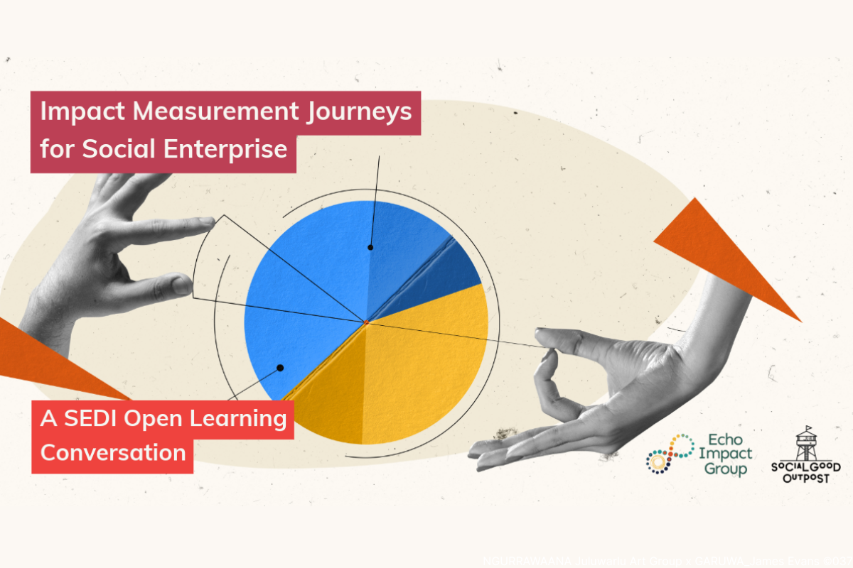 Graphic for “Impact Measurement Journeys for Social Enterprise” with hands, a pie chart, and Social Good Outpost logo.